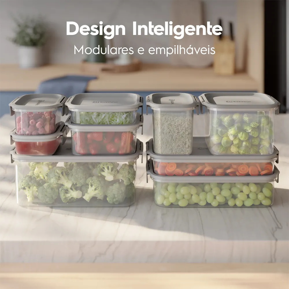 Potes Herméticos de Plástico Electrolux Cinza 14 Unidades Empilháveis Modulares
